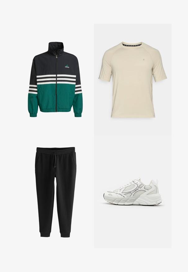 Musta ja turkoosi tuulihaalari, jossa on korkea kaulus, vetoketjukiinnitys ja valkoiset vaakasuorat raidat. Rintataskussa on Adidas-logo.; Lyhythihainen beige T-paita, joka on valmistettu sileästä kankaasta. Ominaisuuksiin kuuluu pyöreä pääntie ja huomaamaton logo rinnassa, sekä virtaviivainen muotoilu ilman kuvioita.; Musta kartiomainen verkkarihousut joustavalla vyötäröllä, kiristysnauhalla, sivutaskuilla ja resorilla nilkoissa, asetettuna tasaisesti valkoiselle taustalle.; Valkoiset urheilusandaalit, joissa on verkkopaneelit, tekstuuriset pinnat, mustat yksityiskohdat ja paksu pohja. Sisältää brändin nimen "ICEBERG" ja vuoden "1974."