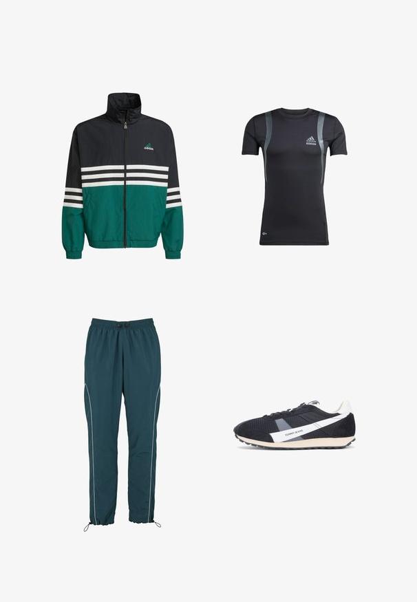 Chaqueta cortavientos negra y verde azulado con un cuello alto, cierre de cremallera y rayas horizontales blancas. Presenta un logo de Adidas en el pecho.; Camiseta deportiva negra de manga corta con detalles en gris, hecha de una tela elástica. Presenta un logo de Adidas en el lado izquierdo del pecho y la marca Techfit.; Pantalones de chándal en color verde azulado con cinturilla elástica, cordón, ribete blanco a los lados y puños ajustables. Fabricados con un material ligero y transpirable.; Zapatillas negras y grises con parte superior de malla, detalles de ante, logo blanco y diseño de franjas, y suela de goma texturizada.