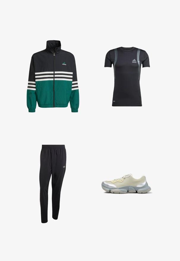 Schwarz-türkisfarbene Windbreakerjacke mit hohem Kragen, Reißverschluss und weißen horizontalen Streifen. Mit einem Adidas-Logo auf der Brust.; Schwarzes, kurzärmeliges Sportshirt mit grauen Akzenten, aus dehnbarem Material. Mit Adidas-Logo auf der linken Brust und Techfit-Branding.; Schwarze Sporthose aus leichtem Material mit elastischem Bund und einem kleinen eingeprägten Logo im oberen linken Beinbereich.; Low-Top-Sneaker in Beige und Silber mit klobiger Sohle und Schnürung vorne, seitlich auf weißem Hintergrund gezeigt.