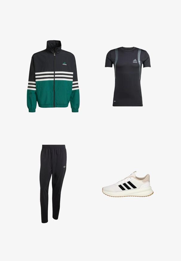 Chaqueta cortavientos negra y verde azulado con un cuello alto, cierre de cremallera y rayas horizontales blancas. Presenta un logo de Adidas en el pecho.; Camiseta deportiva negra de manga corta con detalles en gris, hecha de una tela elástica. Presenta un logo de Adidas en el lado izquierdo del pecho y la marca Techfit.; Pantalones deportivos negros hechos de material ligero, con una cintura elástica y un pequeño logo en relieve en la parte superior del muslo izquierdo.; Zapatilla deportiva blanca con rayas negras, detalles beige, suela gruesa y suela exterior texturizada mostrada de lado sobre un fondo blanco.
