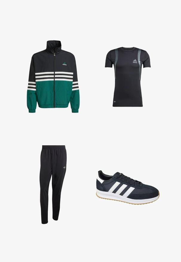 Zwarte en teal windbreaker jas met een hoge kraag, ritssluiting en witte horizontale strepen. Bevat een Adidas-logo op de borst.; Zwart sportshirt met korte mouwen en grijze accenten, gemaakt van rekbare stof. Bevat een Adidas-logo op de linkerborst en Techfit-branding.; Zwarte sportbroek gemaakt van lichtgewicht materiaal, voorzien van een elastische tailleband en een klein reliëflogo op het bovenste gedeelte van het linkerbeen.; Donkerblauw suède en stoffen sneaker met witte strepen, rubberen zool en zwarte veters. Kenmerkt zich door een ronde neus en een zachte voering.