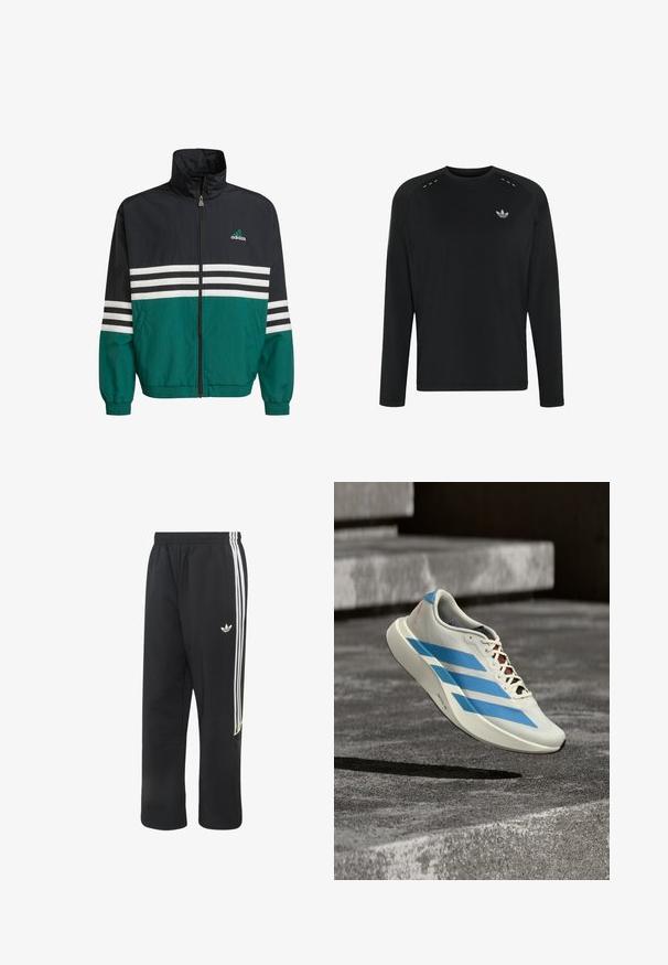 Zwarte en teal windbreaker jas met een hoge kraag, ritssluiting en witte horizontale strepen. Bevat een Adidas-logo op de borst.; Zwart shirt met lange mouwen en ronde hals, met klein wit Adidas trefoil-logo op de bovenste linkerborst en gestikte details bij de schouders.; Zwarte Adidas trainingsbroek met witte drie strepen aan de zijkanten en een klein wit Adidas-logo op de bovenste linker dij.; Witte hardloopschoen met blauwe strepen en zwarte veters zweeft boven een grijs betonnen oppervlak met trappen op de achtergrond.