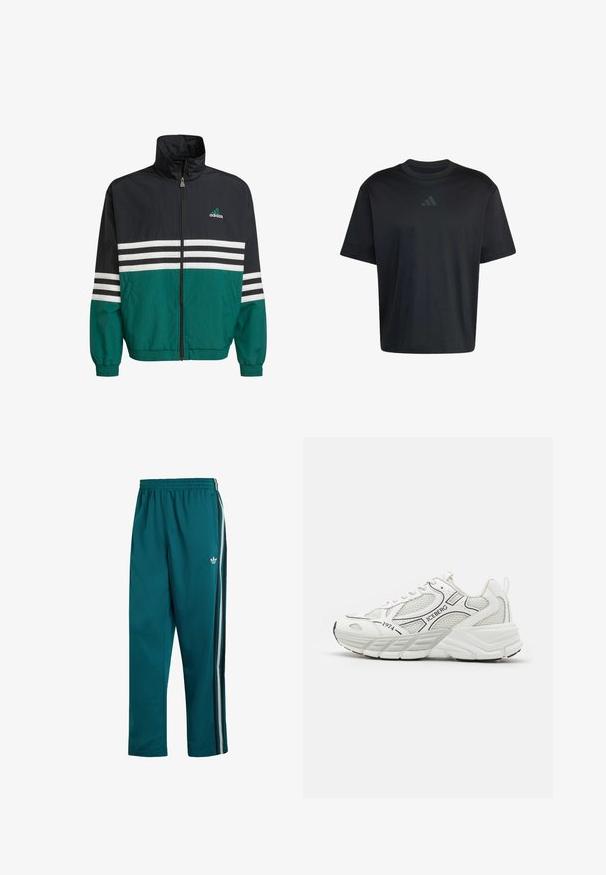 Schwarz-türkisfarbene Windbreakerjacke mit hohem Kragen, Reißverschluss und weißen horizontalen Streifen. Mit einem Adidas-Logo auf der Brust.; Schwarzes Kurzarm-T-Shirt mit Rundhalsausschnitt und einem dezenten dunkelgrauen Adidas-Logo in der Mitte der Brust.; Türkisfarbene Jogginghose mit elastischem Bund, Seitentaschen und drei seitlichen Streifen in Schwarz, Weiß und Grau, mit kleinem weißen Adidas-Logo.; Weiße Sportschuhe mit Netzpaneelen, strukturierten Überzügen, schwarzen Akzenten und einer dicken Sohle. Mit dem Markennamen "ICEBERG" und dem Jahr "1974."