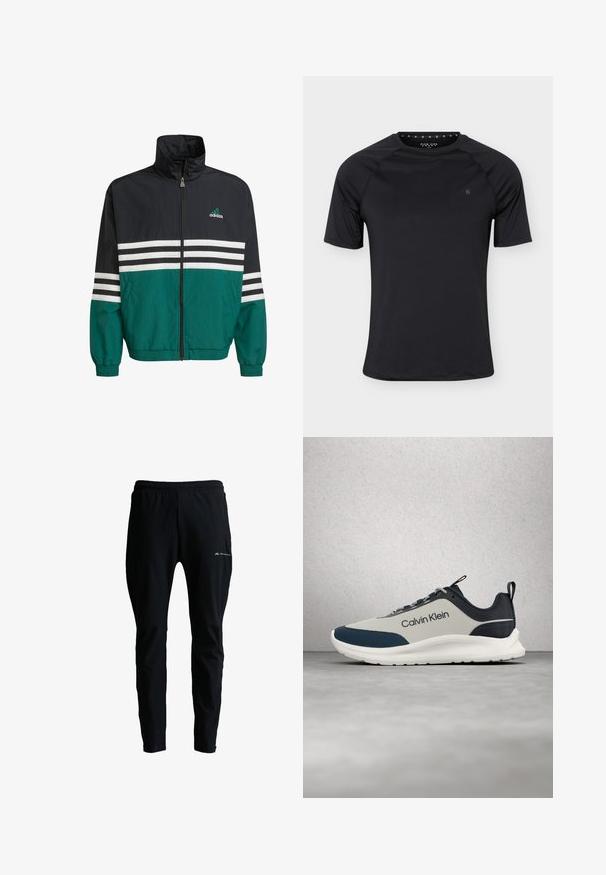 Čierna a teal vetrovka s vysokým golierom, zipsovým uzáverom a bielymi horizontálnymi pruhmi. Obsahuje logo Adidas na hrudi.; Čierne športové tričko s krátkym rukávom a okrúhlym výstrihom s malým logom na ľavej strane hrude, zobrazené na jednoduchom svetlom pozadí.; Čierne športové nohavice s elastickým pásom, zúženými nohavicami a malým logom "Monterrain" na hornej časti stehna.; Svetlosivá a tmavomodrá teniska Calvin Klein s bielou podrážkou a šnúrkami vznášajúca sa nad leštenou betónovou podlahou, v pozadí sklenená stena.