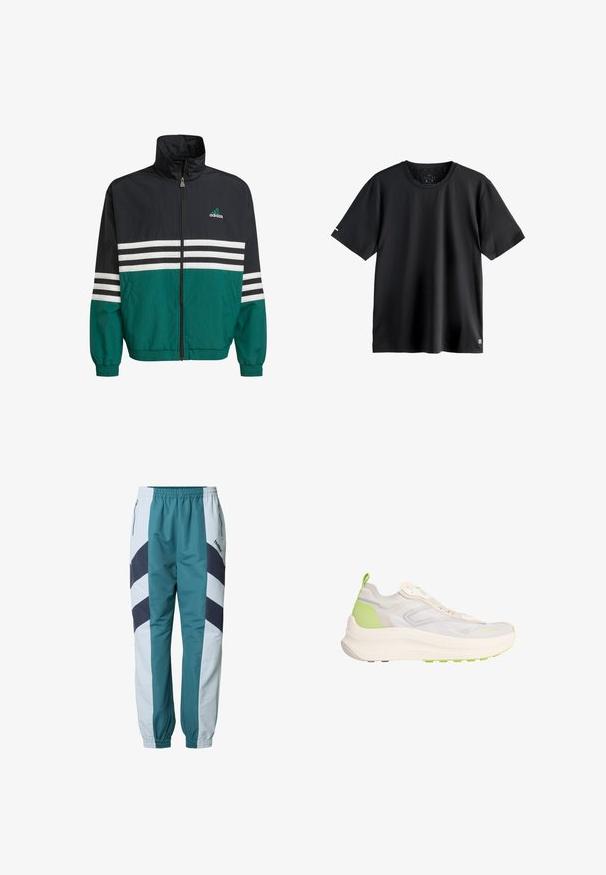 Zwarte en teal windbreaker jas met een hoge kraag, ritssluiting en witte horizontale strepen. Bevat een Adidas-logo op de borst.; Effen zwarte korte mouwen sport-T-shirt met een ronde hals, medium maatlabel binnen in de halslijn en klein logo op de onderste linkerbies.; Turkooise en lichtgrijze trainingsbroeken met chevronpatronen, een elastische tailleband, zijzakken en geribbelde boorden bij de enkels.; Licht beige en groene sportschoen met dikke zool, mesh bovenwerk, trekkoordje bij de hiel en subtiele branding op het teenstuk.