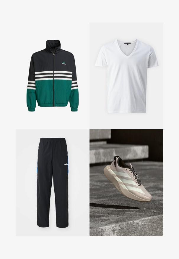 Chaqueta cortavientos negra y verde azulado con un cuello alto, cierre de cremallera y rayas horizontales blancas. Presenta un logo de Adidas en el pecho.; Camiseta de algodón blanca con un diseño de cuello en V, mangas cortas y una textura suave. Estilo simple y sin adornos.; Pantalones deportivos negros con cintura elástica, que presentan acentos gráficos en azul y blanco en los laterales, y un logo bordado.; Zapatilla de correr beige claro con tres rayas blancas y cordones negros levitando sobre una superficie de hormigón gris y escalones.