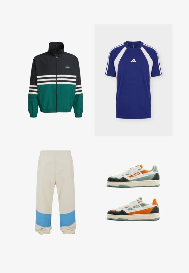 Čierna a teal vetrovka s vysokým golierom, zipsovým uzáverom a bielymi horizontálnymi pruhmi. Obsahuje logo Adidas na hrudi.; Modrobiele športové tričko s krátkym rukávom, okrúhlym výstrihom a logom Adidas v strede prednej časti.; Béžové nohavice so širokým modrým pásom pri leme. Vyrobené z jemného materiálu, s elastickým pásom a voľným strihom.; Pár nízkych tenisk s bielymi, zelenými, oranžovými a čiernymi semišovými a koženými panelmi, bielymi šnúrkami a hrubou gumovou podrážkou.