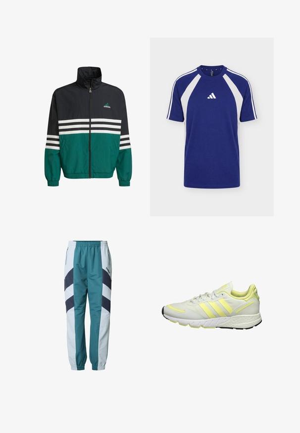 Schwarz-türkisfarbene Windbreakerjacke mit hohem Kragen, Reißverschluss und weißen horizontalen Streifen. Mit einem Adidas-Logo auf der Brust.; Blau-weißes Sport-T-Shirt mit kurzen Ärmeln, Rundhalsausschnitt und Adidas-Logo in der vorderen Mitte.; Grünblaue und hellgraue Trainingshose mit Chevron-Mustern, elastischem Bund, Seitentaschen und gerippten Bündchen an den Knöcheln.; Weiße Sportschuh mit gelben Akzenten, ausgestattet mit einem glatten Obermaterial, einer strukturierten Sohle und drei Streifen an der Seite zur Markenkennzeichnung.