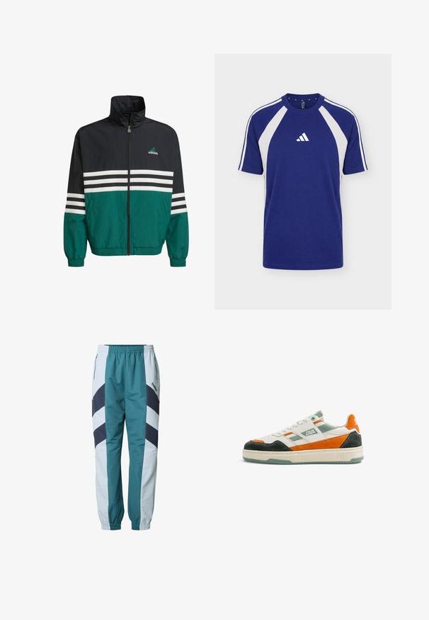 Čierna a teal vetrovka s vysokým golierom, zipsovým uzáverom a bielymi horizontálnymi pruhmi. Obsahuje logo Adidas na hrudi.; Modrobiele športové tričko s krátkym rukávom, okrúhlym výstrihom a logom Adidas v strede prednej časti.; Tyrkysovo sivé tepláky so vzorom šípiek, s elastickým pásom, bočnými vreckami a rebrovanými manžetami na členkoch.; Biela teniska so zelenými, oranžovými a čiernymi semišovými detailmi, bielymi šnúrkami, logom "CAVAL" na boku a béžovou podrážkou so zeleným vzorom.