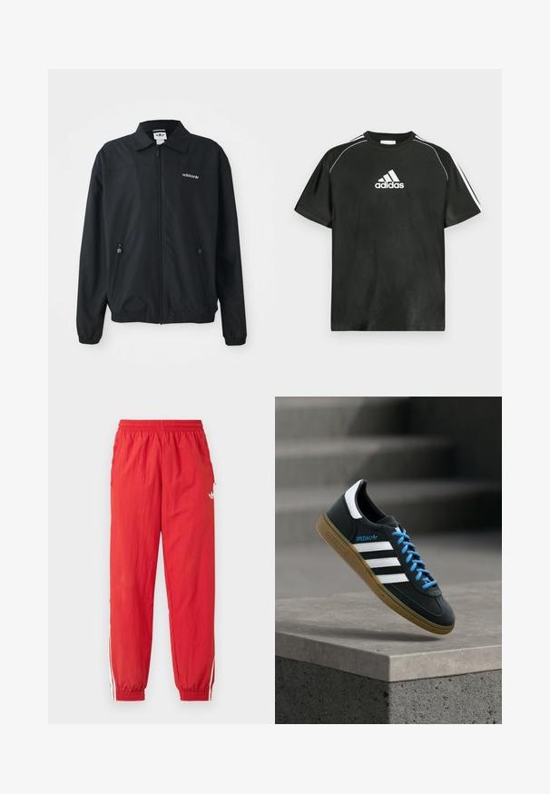 Schwarze Zip-Up-Jacke aus leichtem Stoff. Mit einem spitzen Kragen, zwei seitlichen Taschen mit Reißverschlüssen und einem gestickten Logo auf der Brust.; Schwarzes T-Shirt mit kurzen Ärmeln, weißem Adidas-Logo auf der Brust und weißen Streifen auf den Schultern. Aus glattem Stoff, in lockerem Schnitt.; Rote Sporthose aus leichtem Material, mit elastischem Bund, weißen Seitenstreifen und einem kleinen Logo am oberen Bein.; Schwarzer Adidas-Sneaker mit weißen Streifen, blauen Schnürsenkeln und Gummisohle, der über einer grauen Betontreppe im weichen Licht schwebt.