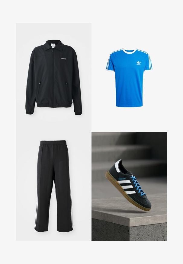 Schwarze Zip-Up-Jacke aus leichtem Stoff. Mit einem spitzen Kragen, zwei seitlichen Taschen mit Reißverschlüssen und einem gestickten Logo auf der Brust.; Blaues Baumwoll-T-Shirt mit weißem geripptem Rundhalsausschnitt und ärmelsäumen. Verfügt über drei klassische weiße Streifen entlang der Schultern; kleines Logo auf der Brust.; Schwarze Jogginghose mit elastischem Bund, ausgestattet mit weißen seitlichen Streifen und einem lässigen Schnitt. Hergestellt aus weichem, dehnbarem Stoff.; Schwarzer Adidas-Sneaker mit weißen Streifen, blauen Schnürsenkeln und Gummisohle, der über einer grauen Betontreppe im weichen Licht schwebt.
