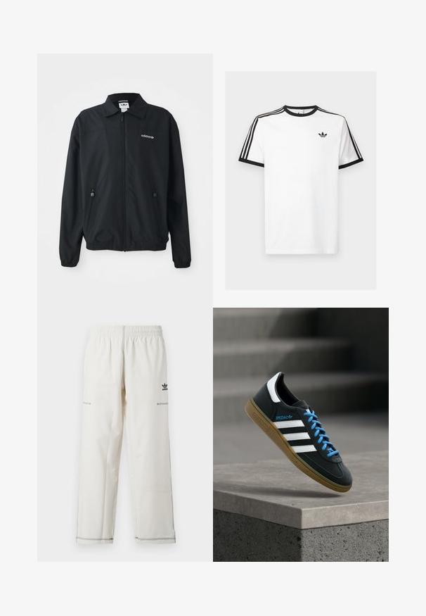 Schwarze Zip-Up-Jacke aus leichtem Stoff. Mit einem spitzen Kragen, zwei seitlichen Taschen mit Reißverschlüssen und einem gestickten Logo auf der Brust.; Weißes Baumwoll-T-Shirt mit schwarzem Rippenkragen und Ärmeln, mit drei schwarzen Streifen auf jeder Schulter und einem kleinen Logo auf der Brust.; Weiße Sporthose mit elastischem Bund, seitlichen Taschen sowie schwarzem Adidas-Logo und Ziernähten. Glatter, leichter Stoff.; Schwarzer Adidas-Sneaker mit weißen Streifen, blauen Schnürsenkeln und Gummisohle, der über einer grauen Betontreppe im weichen Licht schwebt.