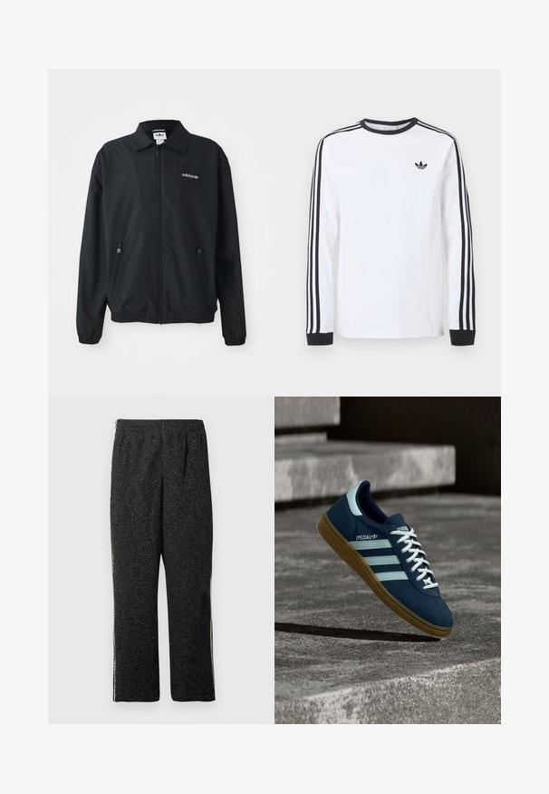 Veste noire zippée fabriquée en tissu léger. Elle présente un col pointu, deux poches latérales avec des zips et un logo brodé sur la poitrine.; Chemise blanche Adidas à manches longues avec col rond noir, poignets noirs, trois bandes noires le long des manches et logo trèfle noir sur la poitrine.; Pantalon en polaire noire texturée avec taille élastique et jambes droites, présenté sur un fond blanc.; Baskets Adidas Spezial bleues avec des rayures et des lacets blancs, semelle en gomme, flottant au-dessus d'une surface en béton rugueuse et des marches en arrière-plan.