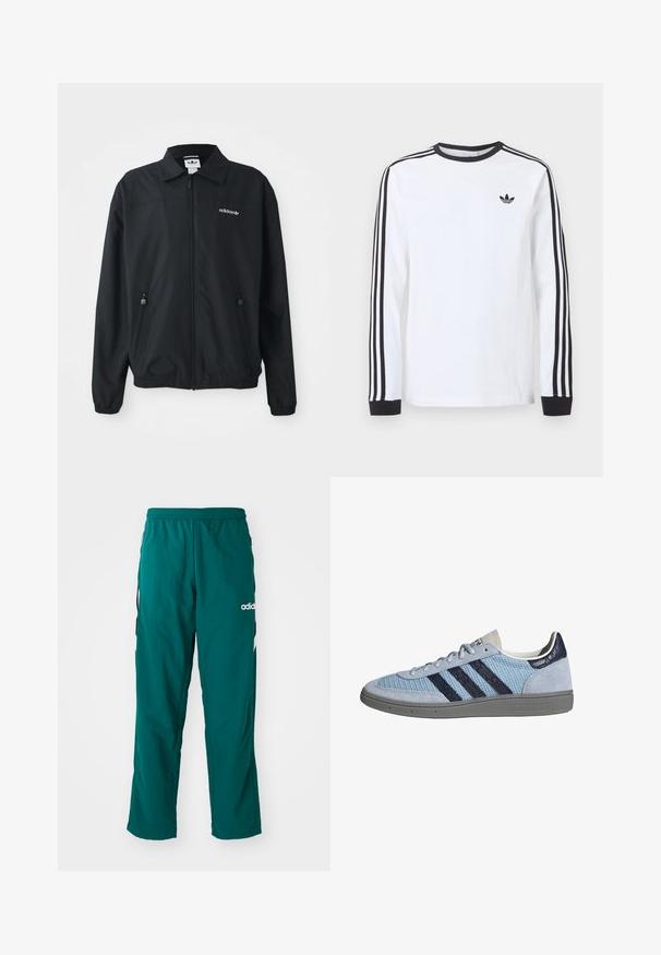 Schwarze Zip-Up-Jacke aus leichtem Stoff. Mit einem spitzen Kragen, zwei seitlichen Taschen mit Reißverschlüssen und einem gestickten Logo auf der Brust.; Weißes Adidas-Langarmshirt mit schwarzem Rundhalsausschnitt, schwarzen Bündchen, drei schwarzen Streifen an den Ärmeln und schwarzem Trefoil-Logo auf der Brust.; Grüne Sporthose aus leichtem Material, mit elastischem Bund, seitlichen Taschen und weißem Adidas-Logo auf der linken Seite.; Hellblauer Adidas-Sneaker mit dunkelblauen Streifen, Wildleder an Zehen- und Fersenbereich, strukturierte Sohle und Schnürverschluss, Seitenansicht auf weißem Hintergrund.