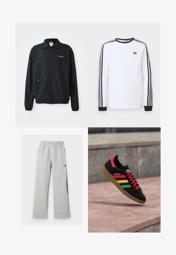 Schwarze Zip-Up-Jacke aus leichtem Stoff. Mit einem spitzen Kragen, zwei seitlichen Taschen mit Reißverschlüssen und einem gestickten Logo auf der Brust.; Weißes Adidas-Langarmshirt mit schwarzem Rundhalsausschnitt, schwarzen Bündchen, drei schwarzen Streifen an den Ärmeln und schwarzem Trefoil-Logo auf der Brust.; Hellgraue weite Sweatpants mit elastischem Bund und schwarzem Adidas Trefoil-Logo am rechten Oberschenkel.; Schwarzer Adidas Spezial Sneaker mit roten, gelben und grünen Streifen, roten Schnürsenkeln, Gummisohle und rotem Fersen-Detail, schwebend über dem Pflaster gezeigt.