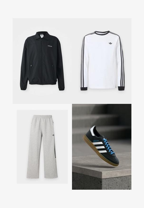 Veste noire zippée fabriquée en tissu léger. Elle présente un col pointu, deux poches latérales avec des zips et un logo brodé sur la poitrine.; Chemise blanche Adidas à manches longues avec col rond noir, poignets noirs, trois bandes noires le long des manches et logo trèfle noir sur la poitrine.; Pantalon de jogging large gris clair avec taille élastique et logo Adidas trefoil noir sur la cuisse droite.; Baskets Adidas noires avec des rayures blanches, des lacets bleus et une semelle en gomme flottant au-dessus d'une marche en béton grise sous une lumière douce.