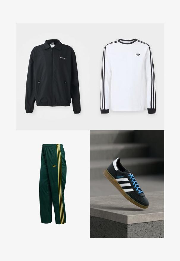 Zwarte zip-up jack gemaakt van lichtgewicht stof. Kenmerken een puntige kraag, twee zijzakken met ritsen en een geborduurd logo op de borst.; Wit Adidas shirt met lange mouwen, zwarte ronde hals, zwarte boordjes, drie zwarte strepen langs de mouwen en een zwart trefoil-logo op de borst.; Groene trainingsbroek met streepjes, gemaakt van glad materiaal, met gele strepen aan de zijkant en een klein logo aan de voorkant. Inclusief ritspzak.; Zwarte Adidas-sneaker met witte strepen, blauwe veters en een gumzool die boven een grijze betonnen trede zweeft in zacht licht.