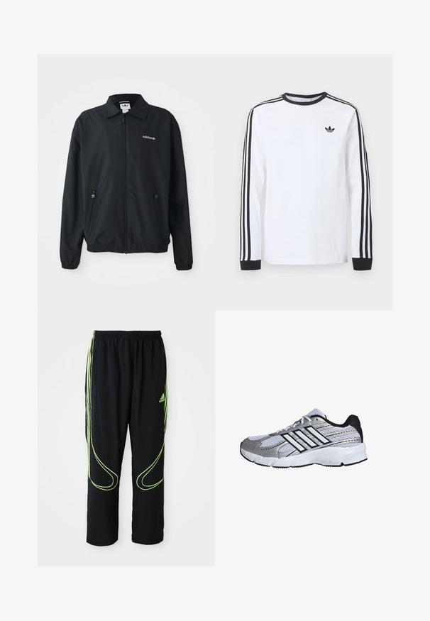 Veste noire zippée fabriquée en tissu léger. Elle présente un col pointu, deux poches latérales avec des zips et un logo brodé sur la poitrine.; Chemise blanche Adidas à manches longues avec col rond noir, poignets noirs, trois bandes noires le long des manches et logo trèfle noir sur la poitrine.; Pantalons de sport noirs Adidas avec des lignes courbes vert fluo et trois bandes sur les côtés, ceinture élastique et logo Adidas sur la cuisse avant.; Chaussure de sport en maille blanche et argentée, avec des accents noirs, logo à trois rayures blanches, col rembourré et semelle en caoutchouc texturé.