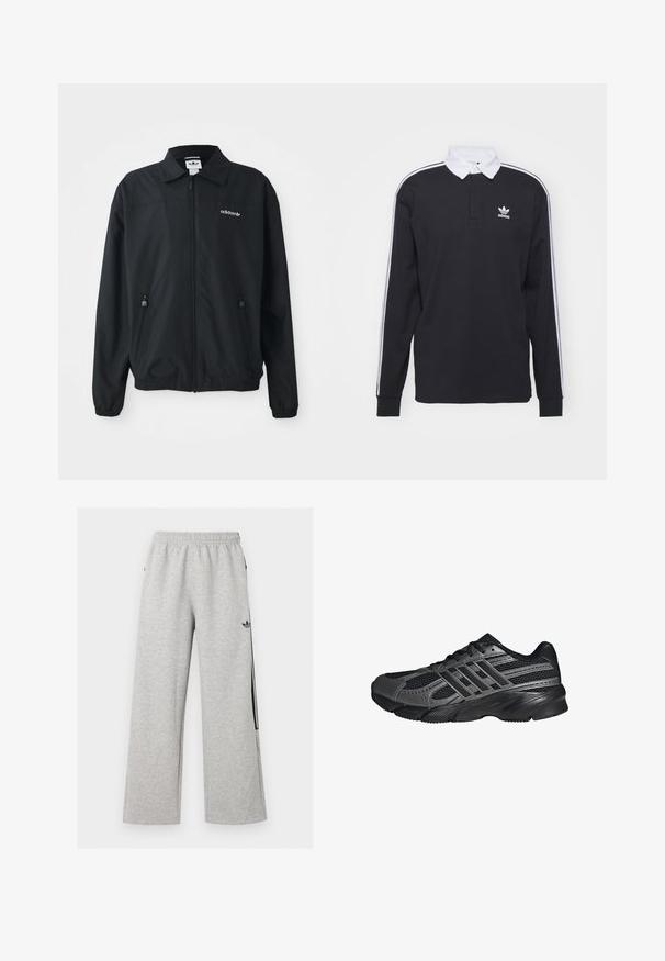 Zwarte zip-up jack gemaakt van lichtgewicht stof. Kenmerken een puntige kraag, twee zijzakken met ritsen en een geborduurd logo op de borst.; Zwarte longsleeve polo met witte kraag en drie witte strepen langs de mouwen; voorzien van een geborduurd Adidas-logo op de borst.; Lichtgrijze wijde joggingbroek met elastische tailleband en zwart Adidas trefoil-logo op de rechterdij.; Zwarte sportschoenen gemaakt van mesh en synthetische materialen, met een getextureerd oppervlak, meerdere grijze strepen en een gevoerde kraag.