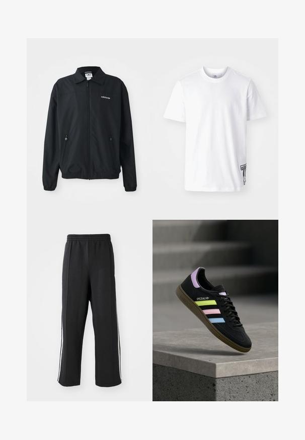 Schwarze Zip-Up-Jacke aus leichtem Stoff. Mit einem spitzen Kragen, zwei seitlichen Taschen mit Reißverschlüssen und einem gestickten Logo auf der Brust.; Weißes Baumwoll-T-Shirt mit kurzen Ärmeln, Rundhalsausschnitt und einem schwarzen Adidas-Logo-Patch auf der unteren linken Seite. Glatte Textur.; Schwarze Jogginghose mit elastischem Bund, ausgestattet mit weißen seitlichen Streifen und einem lässigen Schnitt. Hergestellt aus weichem, dehnbarem Stoff.; Schwarzer Adidas Spezial Sneaker mit pastellgelben, pinken und blauen Streifen, lavendelfarbenem Fersenlaschen und brauner Sohle, schwebend über einer Betonkante.