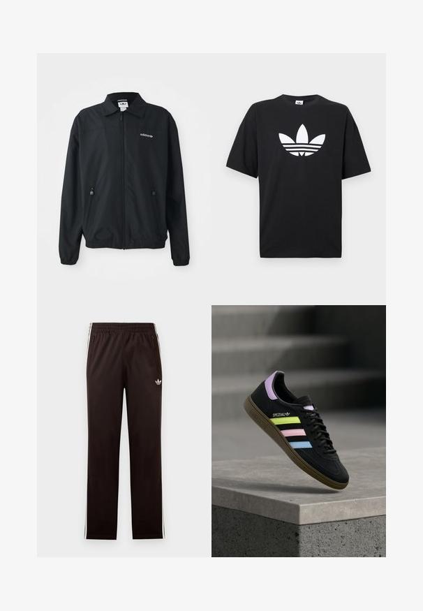 Veste noire zippée fabriquée en tissu léger. Elle présente un col pointu, deux poches latérales avec des zips et un logo brodé sur la poitrine.; T-shirt en coton noir à manches courtes, avec un grand logo Adidas blanc et trois bandes horizontales en bas. Design classique à col rond.; Pantalon de survêtement Adidas noir avec taille élastique, bandes blanches sur les côtés, poches zippées et petit logo trèfle sur la cuisse gauche.; Baskets Adidas Spezial noires avec bandes jaune pastel, rose et bleue, languette de talon lavande et semelle marron, flottant au-dessus d’un rebord en béton.