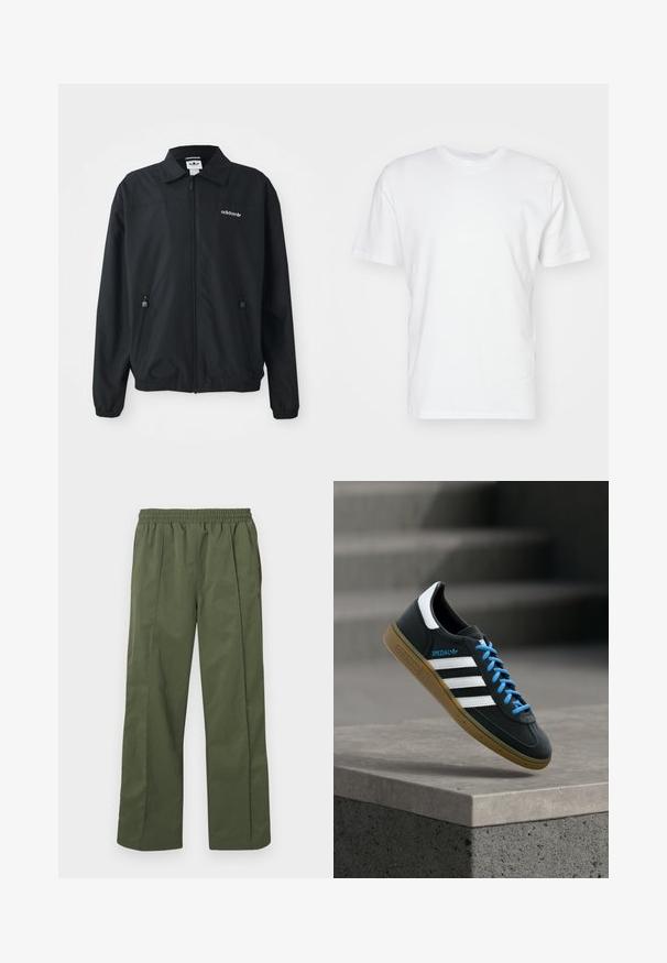 Veste noire zippée fabriquée en tissu léger. Elle présente un col pointu, deux poches latérales avec des zips et un logo brodé sur la poitrine.; T-shirt en coton blanc à manches courtes, encolure ronde et texture lisse. Design simple sans motifs ni graphiques.; Pantalon vert, léger, à jambes larges avec une ceinture élastique et des poches latérales. Texture lisse avec une coupe ample, conçu pour le confort.; Baskets Adidas noires avec des rayures blanches, des lacets bleus et une semelle en gomme flottant au-dessus d'une marche en béton grise sous une lumière douce.