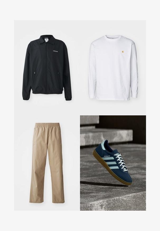 Schwarze Zip-Up-Jacke aus leichtem Stoff. Mit einem spitzen Kragen, zwei seitlichen Taschen mit Reißverschlüssen und einem gestickten Logo auf der Brust.; Weißes Langarm-T-Shirt aus Baumwolle. Mit kleinem goldenem Logo auf der Brust und Rundhalsausschnitt. Einfaches Design und normale Passform.; Beige, leichte Hose mit elastischem Bund, geraden Beinen und Seitentaschen. Glatte Textur mit dezenten Steppnähten.; Blauer Adidas Spezial Sneaker mit weißen Streifen und Schnürsenkeln, Gummisohle, schwebend über rauer Betonoberfläche und Treppen im Hintergrund.