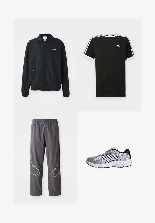 Schwarze Zip-Up-Jacke aus leichtem Stoff. Mit einem spitzen Kragen, zwei seitlichen Taschen mit Reißverschlüssen und einem gestickten Logo auf der Brust.; Schwarzes T-Shirt aus Baumwolle mit weißen Akzenten. Hat kurze Ärmel, ein Raglan-Design und ein kleines Logo auf der Brust. Drei weiße Streifen auf den Schultern.; Herren graue Sporthose mit elastischem Bund, Reißverschlusstaschen und reflektierenden weißen Akzenten an den Seiten. Leicht, glatte Textur.; Mesh-Sportschuh in Weiß und Silber mit schwarzen Akzenten, drei weißen Streifen als Logo, gepolstertem Kragen und strukturiertem Gummisohle.