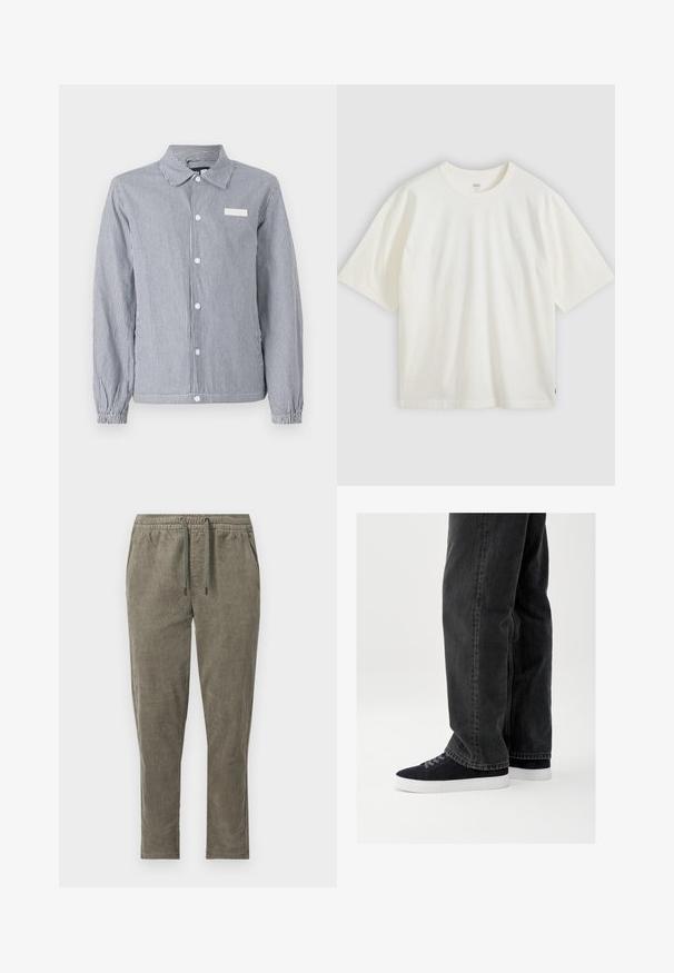 Chemise à rayures bleu marine et blanche, dotée d'un col, de longues manches avec des poignets élastiques et d'une petite étiquette blanche sur la poitrine.; T-shirt blanc à manches courtes en coton. Col rond, coupe décontractée, marquage discret sur la poitrine et une étiquette rouge à l'ourlet.; Pantalon en velours côtelé vert olive avec taille élastique et cordon, avec poches latérales et coupe droite.; Jean en denim noir à coupe décontractée, associé à des baskets en daim bleu marine avec semelles en caoutchouc blanc et lacets noirs. Design simple et moderne.