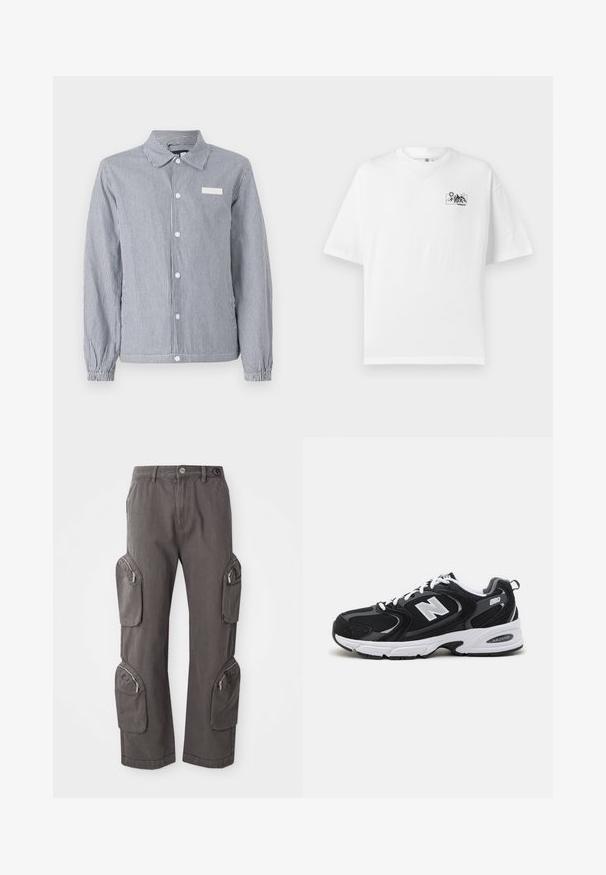 Chemise à rayures bleu marine et blanche, dotée d'un col, de longues manches avec des poignets élastiques et d'une petite étiquette blanche sur la poitrine.; T-shirt en coton blanc à coupe décontractée, avec un petit graphique noir de montagne et un design de soleil sur le côté gauche de la poitrine.; Pantalons cargo en tissu gris foncé, dotés de plusieurs poches zippées sur les côtés, d'une coupe droite et d'une ceinture à bouton.; Baskets de sport noires et grises avec un tige en mesh et en suède, présentant une semelle intermédiaire blanche, des lacets et un logo "N" audacieux sur le côté.