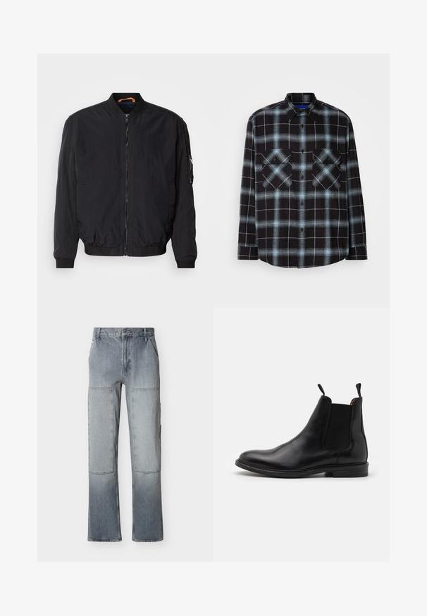 Schwarze Bomberjacke mit Reißverschluss vorne, gerippten Manschetten und Kragen. Aus glattem, leichtem Stoff gefertigt und mit einer seitlichen Tasche mit Reißverschluss.; Schwarz- und hellblau kariertes Flanellhemd mit langen Ärmeln, durchgehender Knopfleiste, Kragen und zwei Brusttaschen mit Klappenverschluss.; Graue Jeanshose mit hohem Bund, großen rechteckigen Knieschützern und weitem Bein, ausgestattet mit vorderen Taschen und einem Knopfverschluss.; Schwarze Leder-Chelsea-Stiefel mit elastischen Seitenpanels, runder Zehenkappe, Zuglaschen und einem niedrigen, gestapelten Absatz. Glatte Textur und klassisches Design.