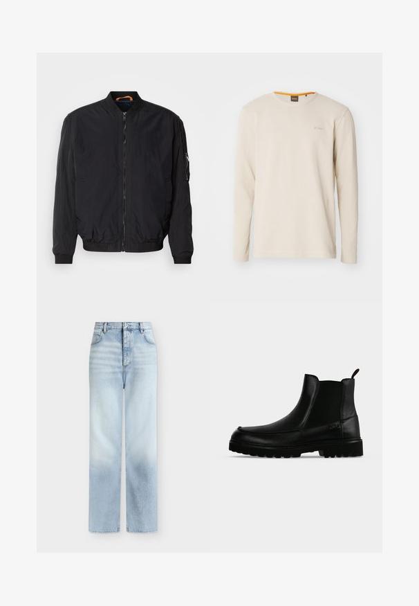 Veste bomber noire avec fermeture éclair sur le devant, poignets et col côtelés. Elle présente un tissu lisse et léger ainsi qu'une poche latérale avec fermeture éclair.; T-shirt beige clair à manches longues en tissu texturé. Présente un col ras du cou et un petit logo sur la poitrine avec un accent orange à l'intérieur du col.; Jeans bleu clair taille haute à jambes droites, avec poches avant, passants de ceinture et fermeture par bouton.; Bottine noire en cuir avec semelle texturée, panneaux latéraux élastiques et languette de tirage sur fond gris clair.