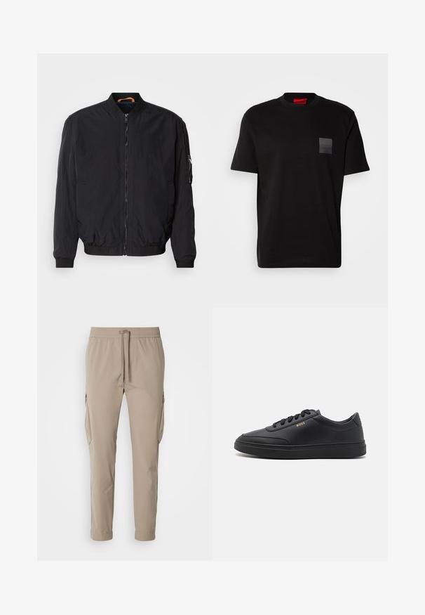 Veste bomber noire avec fermeture éclair sur le devant, poignets et col côtelés. Elle présente un tissu lisse et léger ainsi qu'une poche latérale avec fermeture éclair.; T-shirt en coton noir à col rond, avec un patch texturé noir portant un logo sur la poitrine gauche. Manches courtes et coupe décontractée.; Pantalons cargo beiges avec une taille élastique et un cordon de serrage. Comprend des poches latérales et un design de jambe fuselée, fabriqués en tissu léger.; Baskets en cuir noir avec une texture lisse, bout rond, semelle en caoutchouc plate et lacets ton sur ton. Présente une marque "BOSS" dorée sur le côté.