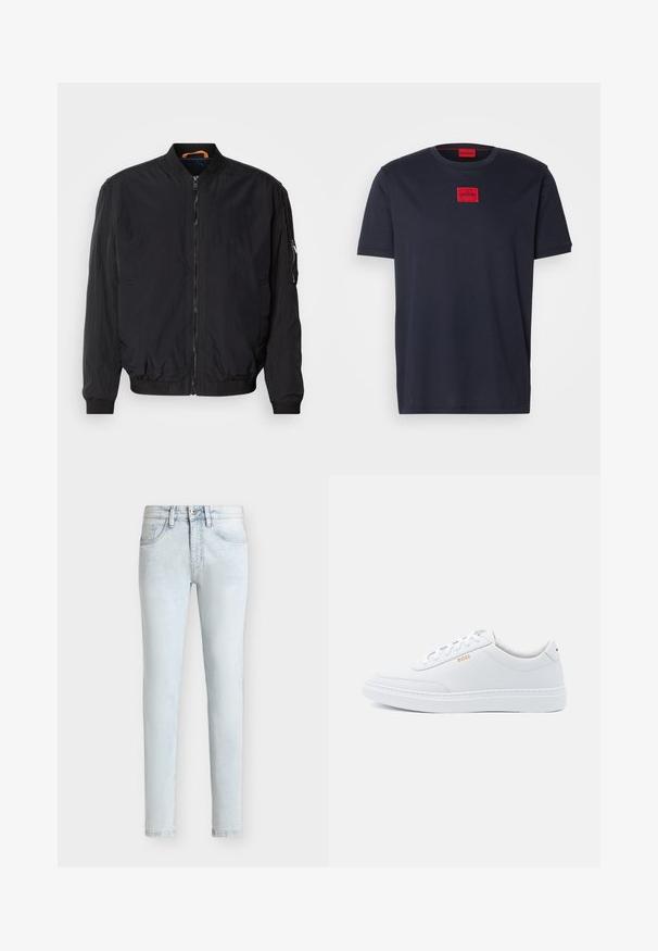 Zwarte bomberjack met een rits aan de voorkant, ribgebreide manchetten en kraag. Beschikt over een gladde, lichte stof en een zijzak met rits.; Zwarte katoenen T-shirt met korte mouwen, voorzien van een rood vierkant logo met het label "HUGO" op de borst. Klassiek design met ronde hals.; Lichtgewassen slim-fit spijkerbroek met knoop- en ritssluiting aan de voorkant, riemlussen en vijf zakken, tegen een effen achtergrond.; Witte leren sneakers met een gladde textuur, ronde neus en tonale stiksels. Voorzien van blauwe veters en een gouden logo op de zijkant.