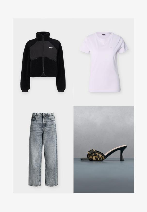 Sort lynlåsjakke med fleece og glatte stofpaneler, høj krave og ribbede manchetter. Har logo på brystet og lynlåslommer foran.; Hvid kortærmet dame-t-shirt med rund halsudskæring og lille præget "BOSS"-logo på venstre bryst.; Højttaljede jeans med lige ben i falmet grå denim med frontlommer, bæltestropper og knaplukning.; Sort og leopardprint mulehæl med firkantet tå og spænde i guld på et trægulv udendørs.