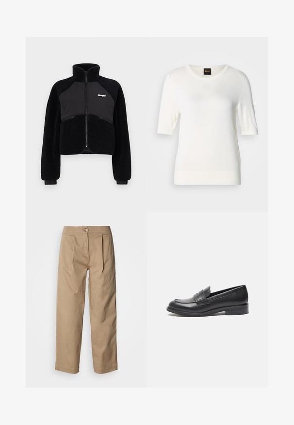 Sort lynlåsjakke med fleece og glatte stofpaneler, høj krave og ribbede manchetter. Har logo på brystet og lynlåslommer foran.; Hvid strikket sweater med korte ærmer, rund halsudskæring, ribbet kant og ærmegab, med en lille logo detalje nederst på venstre side.; Beige, højtaljede bukser med lige ben, plissédetaljer og knaplukning. Fremstillet af let bomuldsstof med en glat tekstur.; Sorte læderloafer med en glat overflade, rund tå og sidesyning. Har en lav, rektangulær hæl.