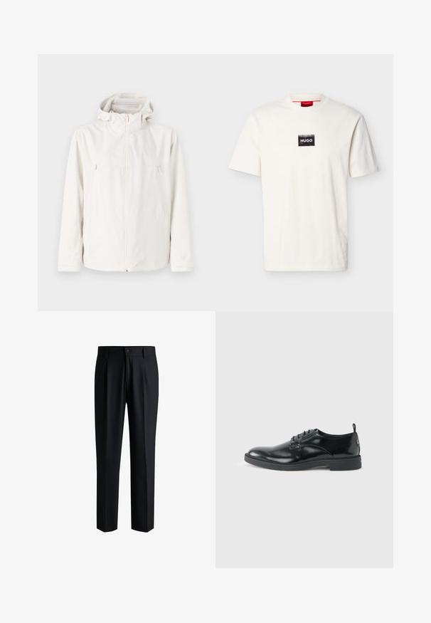 Veste blanche légère avec capuche, fermeture éclair sur le devant et deux poches latérales. Texture lisse et design minimaliste.; T-shirt blanc à manches courtes avec col rond, doté d'un petit patch rectangulaire noir et du texte blanc "HUGO" sur la poitrine.; Pantalons noirs en tissu lisse, avec une coupe droite, des plis à l'avant et une fermeture à bouton avec passants de ceinture.; Chaussure habillée en cuir noir brillant avec un petit talon, fermeture à lacets et bout rond, vue de côté sur un fond uni et clair.