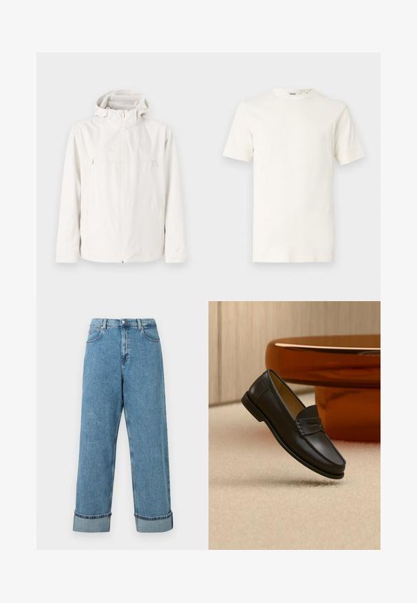 Veste blanche légère avec capuche, fermeture éclair sur le devant et deux poches latérales. Texture lisse et design minimaliste.; T-shirt en coton beige clair à manches courtes et col rond. Présente une texture lisse et un design simple sans motifs ni accents.; Jeans en denim bleu taille haute avec des jambes larges et des ourlets retroussés, dotés de poches avant et de passants de ceinture.; Chaussure mocassin en cuir noir suspendue au-dessus d’un tapis beige avec du mobilier moderne couleur ambre en arrière-plan.