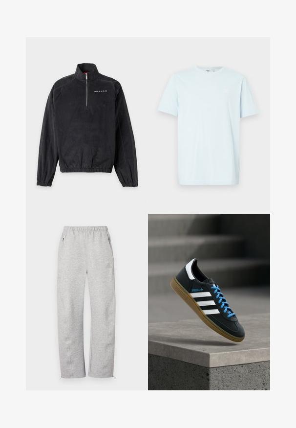 Pull en velours côtelé noir avec une fermeture éclair au quart, des poignets et un ourlet élastiques, et le mot "Jordan" imprimé sur le haut gauche de la poitrine.; T-shirt en coton bleu clair à manches courtes, col rond, avec un petit logo blanc sur la partie supérieure gauche de la poitrine. Texture douce, coupe décontractée.; Pantalon de survêtement gris avec une ceinture élastique, des poches latérales et des ourlets zippés, fabriqué en textile doux avec une texture lisse. Détail de logo subtil.; Baskets Adidas noires avec des rayures blanches, des lacets bleus et une semelle en gomme flottant au-dessus d'une marche en béton grise sous une lumière douce.