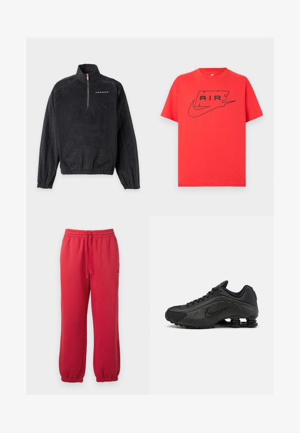 Pull en velours côtelé noir avec une fermeture éclair au quart, des poignets et un ourlet élastiques, et le mot "Jordan" imprimé sur le haut gauche de la poitrine.; T-shirt en coton rouge arborant un logo Nike noir et le texte « AIR ». Manches courtes et col rond avec une coupe décontractée. Texture lisse.; Pantalon de survêtement rouge avec taille élastique, cordon et poignets élastiques, avec un petit logo Jumpman noir sur la cuisse droite.; Baskets de course noires avec une tige en synthétique lisse, des accents perforés, des panneaux latéraux texturés et une semelle distincte et rebondissante.