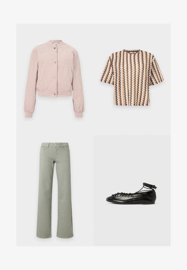 Veste aviateur matelassée rose avec col rond, fermeture à boutons-pression et poches latérales ; dotée de poignets et d'un ourlet côtelés.; Pull à manches courtes avec des rayures en zigzag verticales dans des tons marron, beige et blanc sur un fond uni.; Pantalon droit taille haute vert clair avec ceinture, bouton, fermeture éclair, et poches avant et arrière sur fond blanc.; Ballerines en cuir verni noir avec un bout rond, un design à lacets et une semelle plate. Texture lisse avec peu de détails.