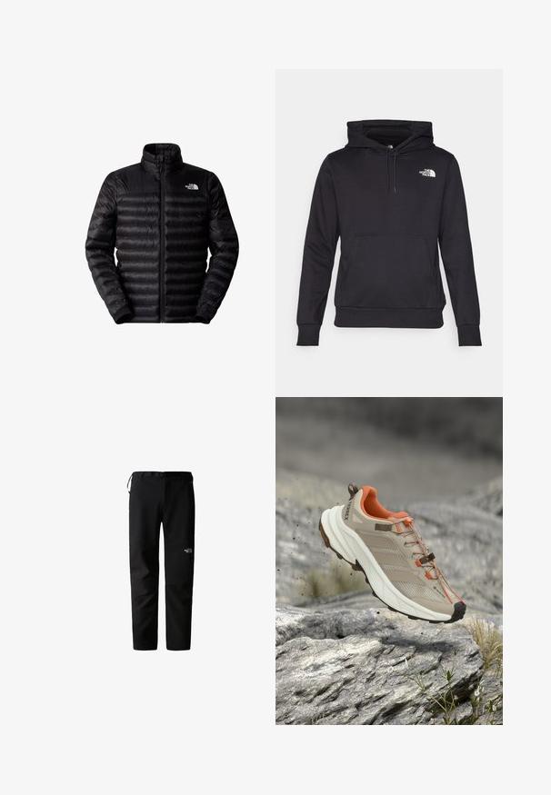 Schwarze isolierte Jacke mit Reißverschluss, hohem Kragen und horizontalem Steppmuster. Verfügt über elastische Bündchen und ein Logo auf der oberen linken Brust.; Schwarzer Pullover-Hoodie aus weichem Stoff, mit einer vorderen Kängurutasche, verstellbarem Kapuzenzug und weißem Logo auf der Brust.; Schwarze Outdoor-Hosen mit schlankem Design, gefertigt aus einem strapazierfähigen, leichten Stoff. Mit Gürtel, Seitentaschen und einem Logo am Oberschenkel.; Beiger und oranger Wanderschuh mit dicker Sohle, GORE-TEX-Label und "TERREX"-Branding, gezeigt über felsigem Gelände.