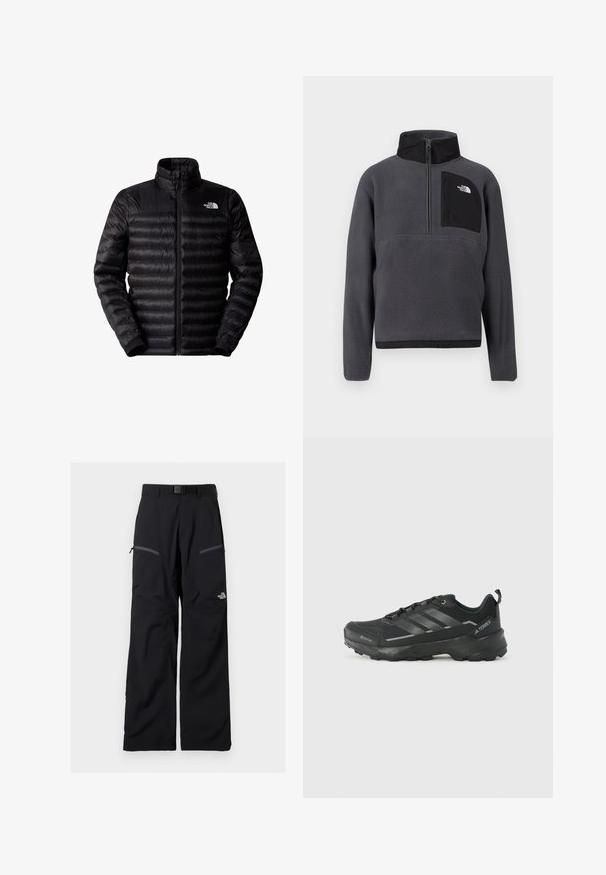 Schwarze isolierte Jacke mit Reißverschluss, hohem Kragen und horizontalem Steppmuster. Verfügt über elastische Bündchen und ein Logo auf der oberen linken Brust.; Dunkelgrauer Fleece-Pullover mit hohem Kragen, halbseitigem Reißverschluss vorne und schwarzer Reißverschlusstasche auf der Brust mit weißem Logo auf der rechten Seite.; Schwarze Outdoor-Hose mit verstellbarem Gürtel, zwei Reißverschlusstaschen an den Oberschenkeln und The North Face-Logo am rechten Bein.; Schwarzer Sportschuh mit einem strukturierten Obermaterial aus Stoff, drei silbernen Streifen, verstärkter Zehenpartie und einer robusten Gummisohle für besten Halt.