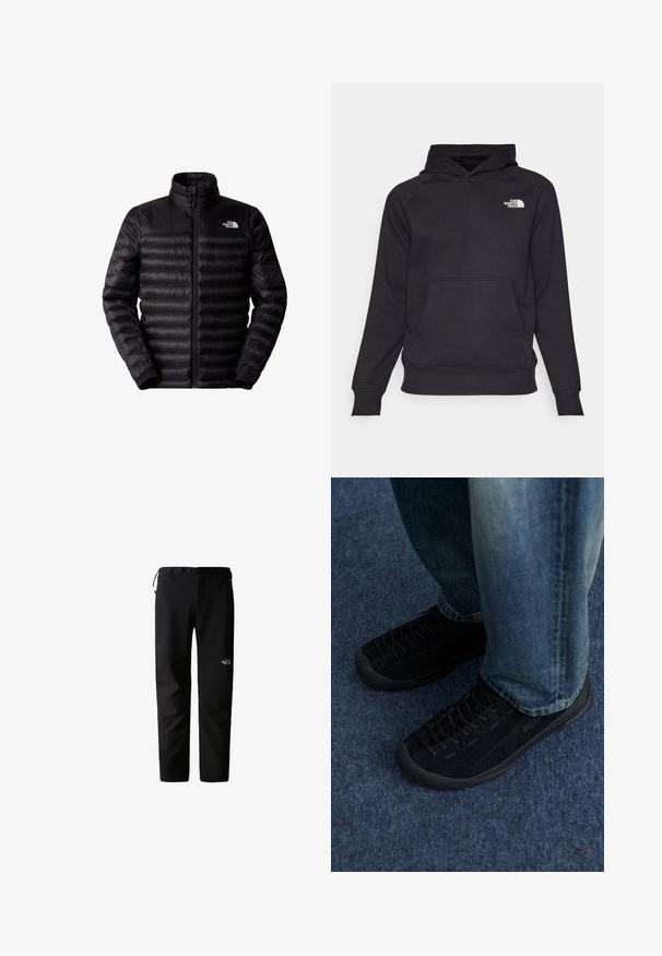 Zwarte geïsoleerde jas met een ritssluiting aan de voorkant, hoge kraag en horizontaal gequilt ontwerp. Heeft elastische manchetten en een logo op de linkerbovenborst.; Zwarte hoodie met een voorzak, ribgebreide manchetten en zoom. Voorzien van een wit logo op de bovenste linkerkant van de borst. Gemaakt van zachte stof.; Zwarte outdoorbroek met een strak ontwerp, gemaakt van een duurzame, lichtgewicht stof. Voorzien van een riem, zijzakken en een logo op de dij.; Zwarte nubuck sneakers met een gestructureerd oppervlak, subtiele veters en duurzame rubberen zolen, gecombineerd met blauwe spijkerbroeken.