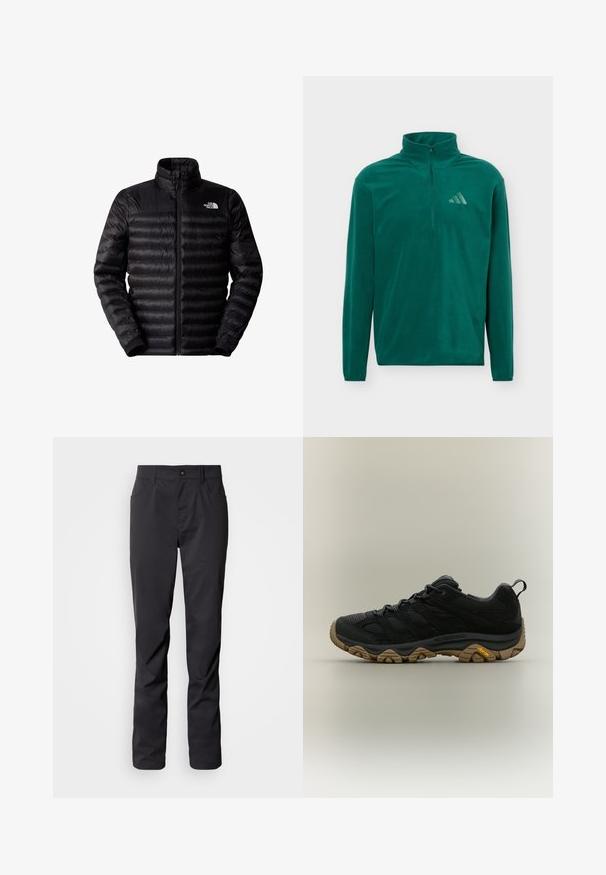Schwarze isolierte Jacke mit Reißverschluss, hohem Kragen und horizontalem Steppmuster. Verfügt über elastische Bündchen und ein Logo auf der oberen linken Brust.; Tealgrüner Fleecepullover mit langen Ärmeln, Viertel-Reißverschluss und Adidas-Logo auf der linken Brust, einfarbiger Hintergrund.; Schwarze Hose aus glattem Stoff mit geradem Bein, zwei Vordertaschen und einem Bund mit Knopf- und Reißverschluss.; Schwarzer Wanderschuh mit brauner, strukturierter Vibramsohle und Zuglasche an der Ferse, seitlich auf neutralem Hintergrund gezeigt.