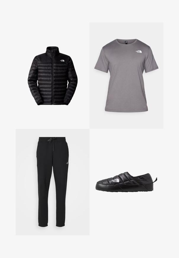 Chaqueta aislante negra con cierre de cremallera en el frente, cuello alto y diseño de acolchado horizontal. Presenta puños elásticos y un logotipo en la parte superior izquierda del pecho.; Camiseta gris de manga corta hecha de una tela suave. Presenta un escote redondo y un pequeño logo blanco en la parte superior izquierda.; Pantalones de chándal negros hechos de una tela suave, con una cintura elástica con cordón, corte ajustado y un logo en la pierna izquierda.; Zapato negro de tipo slip-on con un diseño acolchado, hecho de material acolchado. Presenta una suela de goma texturizada y una pequeña lengüeta en la parte trasera.