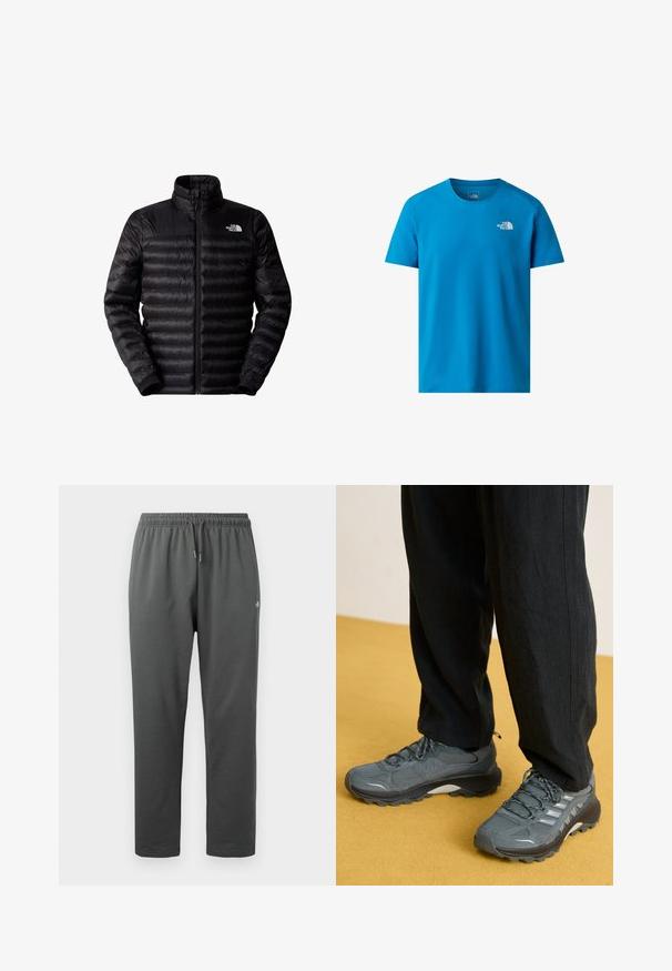 Schwarze isolierte Jacke mit Reißverschluss, hohem Kragen und horizontalem Steppmuster. Verfügt über elastische Bündchen und ein Logo auf der oberen linken Brust.; Blaues T-Shirt mit kurzen Ärmeln aus glattem Stoff, mit einem kleinen weißen Logo auf der linken Brust. Klassisches Rundhalsdesign.; Dunkelgraue Fleece-Sweathosen mit elastischem Bund und Kordelzug, mit kleinem Logo am rechten Oberschenkel.; Graue Netz- und synthetische Sportschuhe mit ausgeprägtem Profil, reflektierenden Akzenten und Schnürdesign, kombiniert mit lockeren schwarzen Hosen.