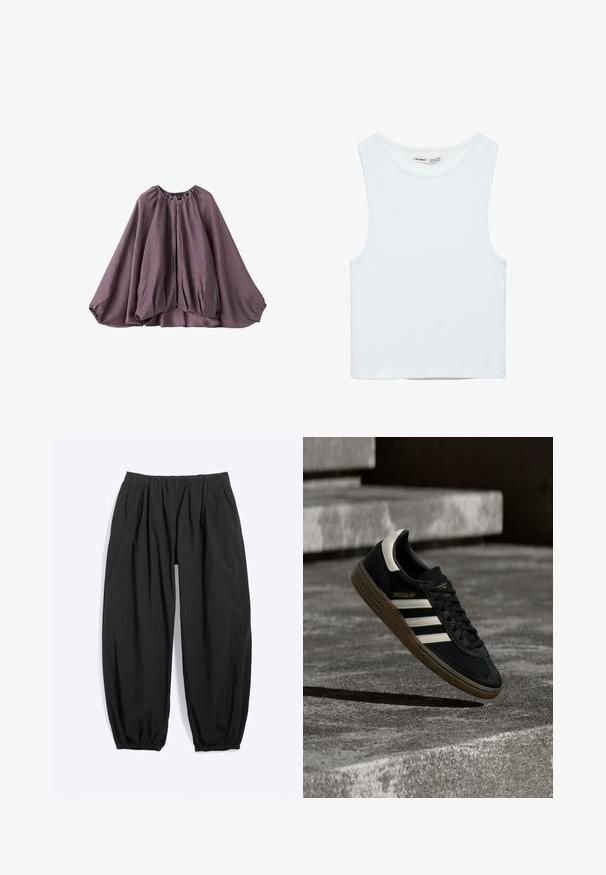 Haut style cape violet avec manches volumineuses, ourlet froncé et fermeture éclair avant. Confectionné en tissu texturé léger.; Crop top blanc sans manches avec col rond, en tissu lisse, étiqueté Pull&Bear, adapté pour un usage décontracté.; Pantalon noir ample et fuselé avec taille élastique et poignets aux chevilles, fabriqué en tissu léger.; Baskets Adidas noires avec des bandes blanches et une semelle en gomme flottant au-dessus d'escaliers en béton gris sous une lumière naturelle.