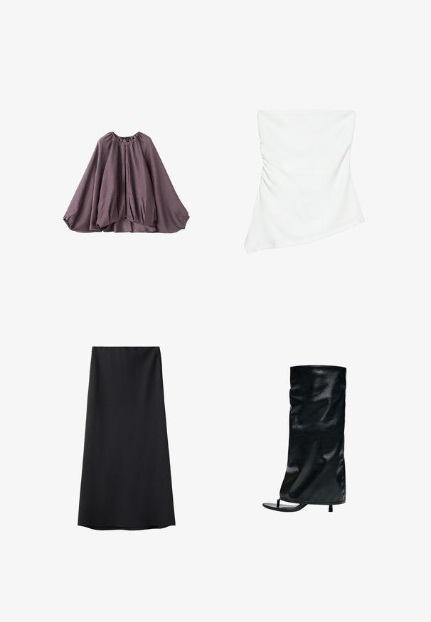 Haut style cape violet avec manches volumineuses, ourlet froncé et fermeture éclair avant. Confectionné en tissu texturé léger.; Haut blanc asymétrique sans bretelles avec un léger détail froncé sur un côté, style ajusté, design épuré et minimaliste.; Jupe midi noire en ligne A avec une texture lisse et une ceinture simple, présentée sur fond blanc.; Sandale noire à talon haut avec bout ouvert, dotée d'une tige de botte en cuir synthétique souple montant jusqu'au milieu du mollet.