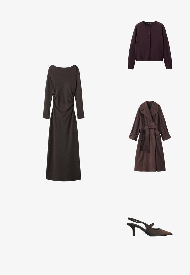 Bruine trenchcoat met een gestructureerde afwerking, dubbelrijks ontwerp, brede kraag, ceintuur in de taille en opgerolde manchetten.; Donkerpaarse, gebreide cardigan met lange mouwen, ronde halslijn en knoopsluiting aan de voorkant.; Donkere bruine jurk met lange mouwen, een ronde hals en geplooide details aan de zijkant, gemaakt van zachte, rekbare stof.; Bruine suède pump met spitse neus, een middelhoge hak en een klein gespbandje aan de voorkant.